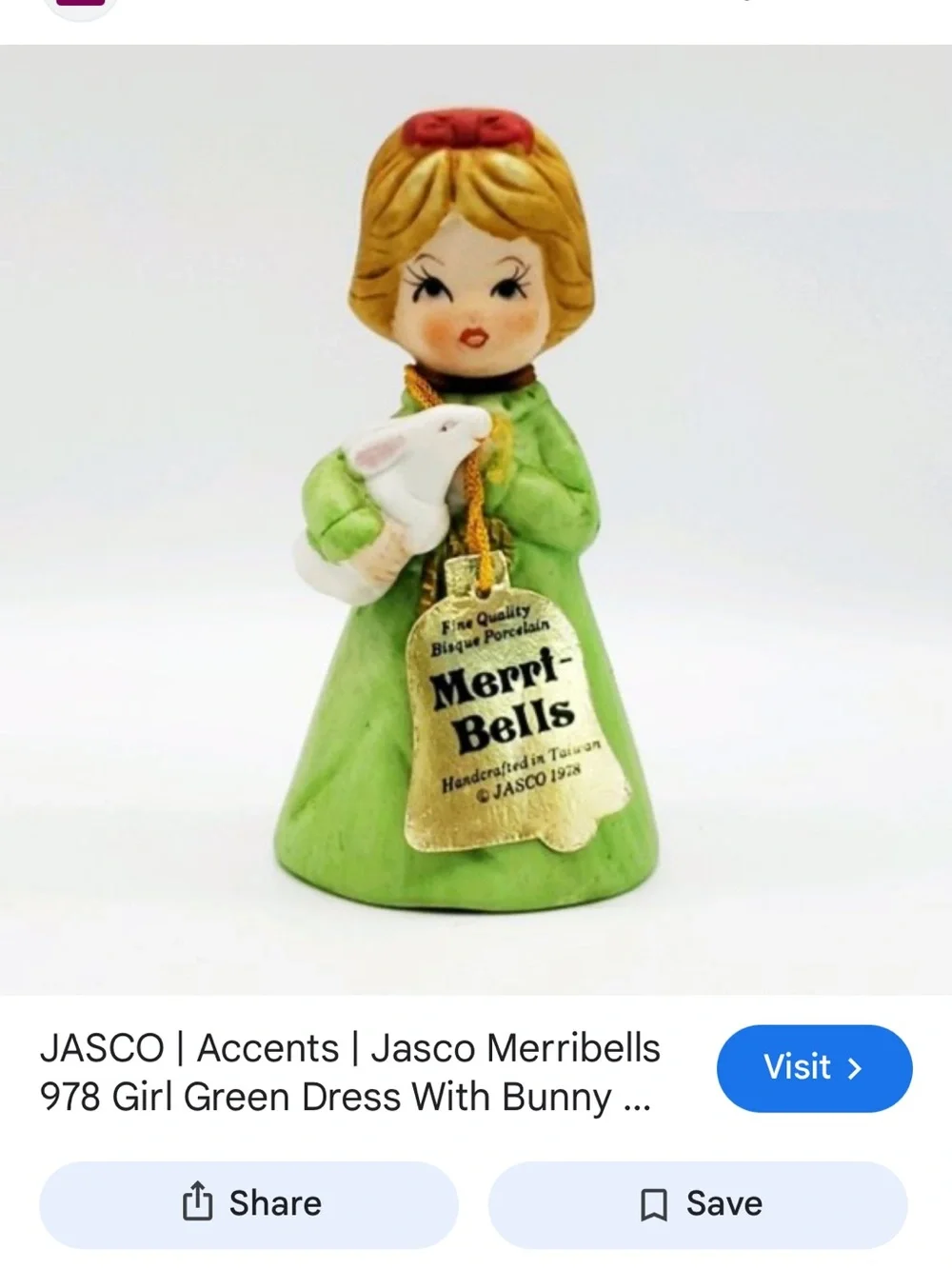 JASCO Vintage 1978 Merri Bells - Green Girl Figurine Holiday Decor with Bunny